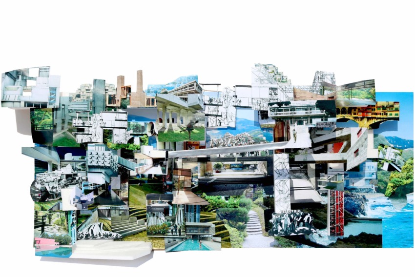 Collage of various architectural structures with pathways, water features, and natural backgrounds in a creative layout.