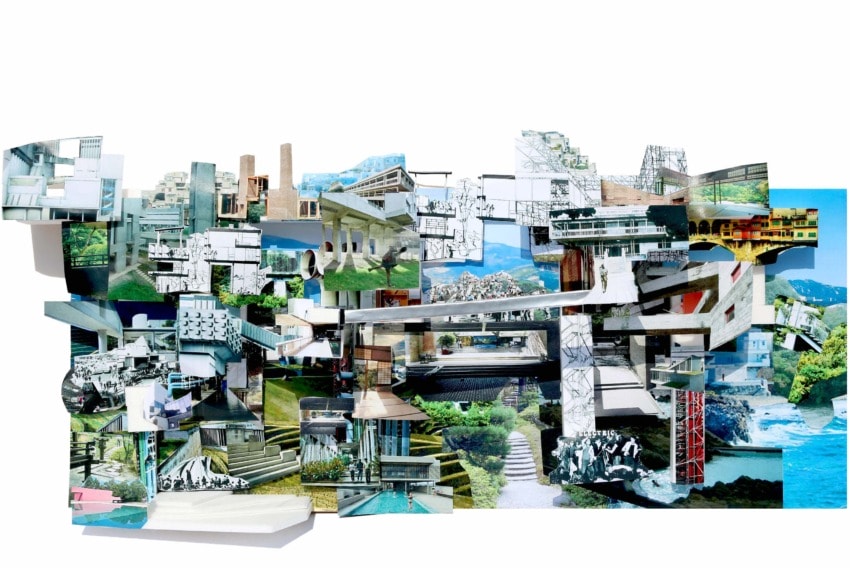 Collage of various architectural structures with pathways, water features, and natural backgrounds in a creative layout.