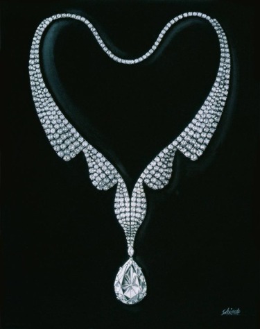 Elegant diamond necklace with teardrop pendant against a dark background, forming a heart-shaped design.