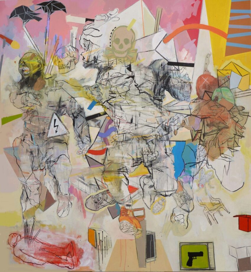 Abstract painting with dynamic figures, skull motif, geometric shapes, and vibrant colors creating a sense of motion and chaos.