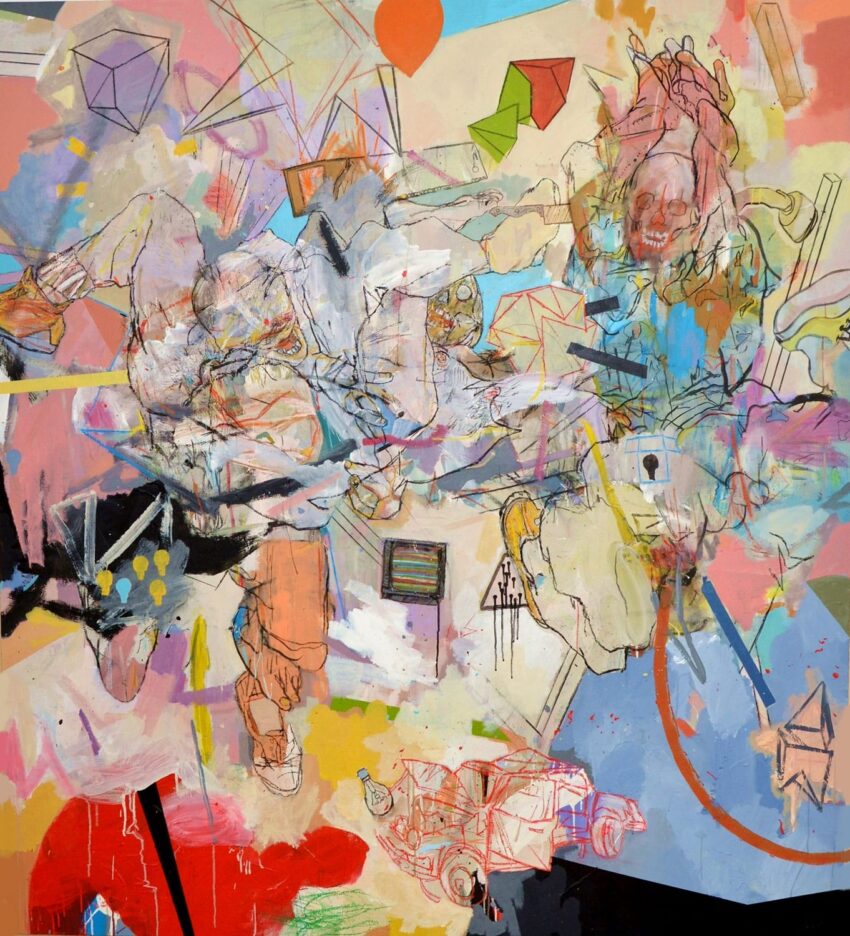 Abstract colorful painting with geometric shapes, dynamic brushstrokes, and lively figures creating a sense of movement and energy.