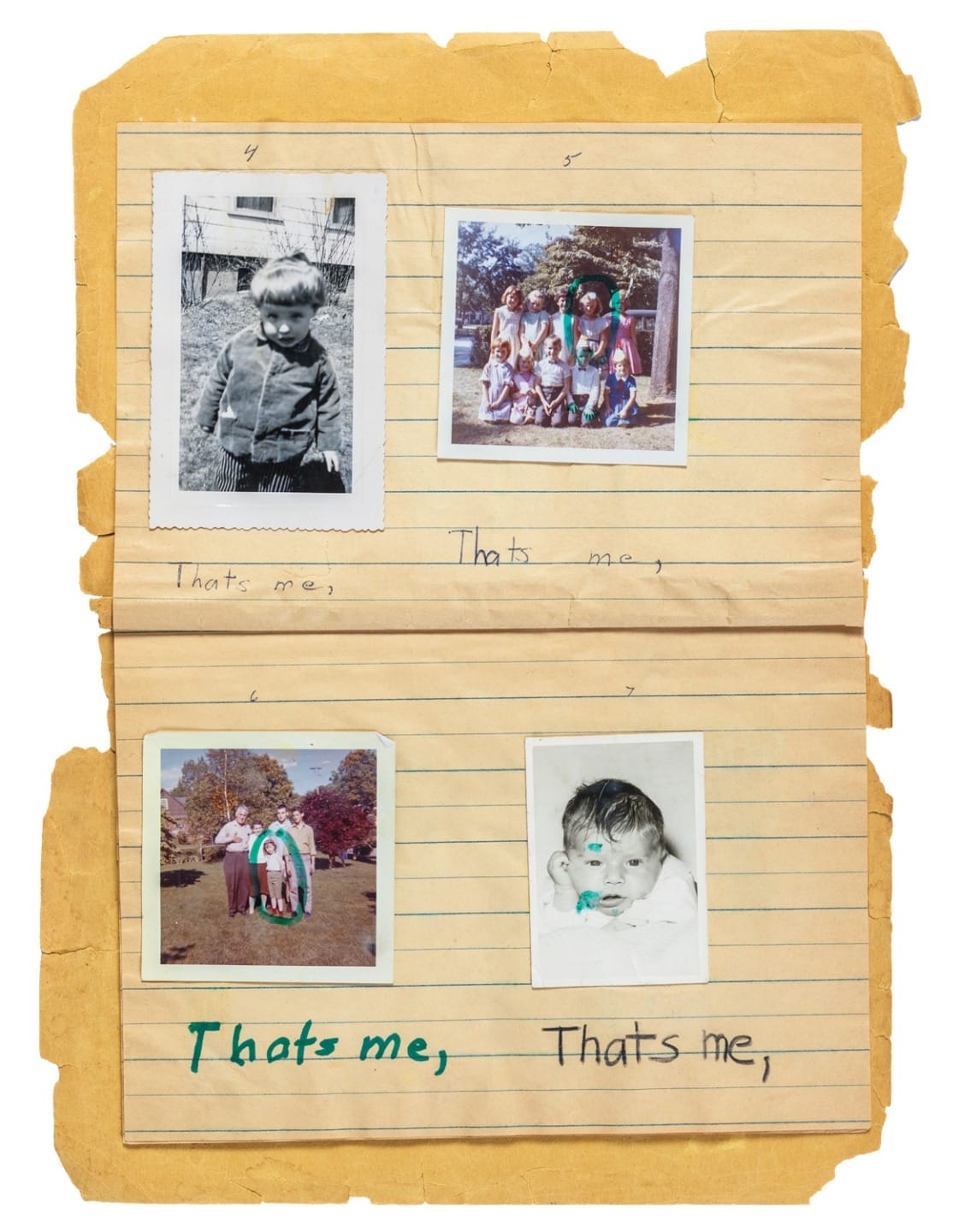 Scrapbook page with four vintage photos of a child and family, labeled "That's me." on lined, worn paper.