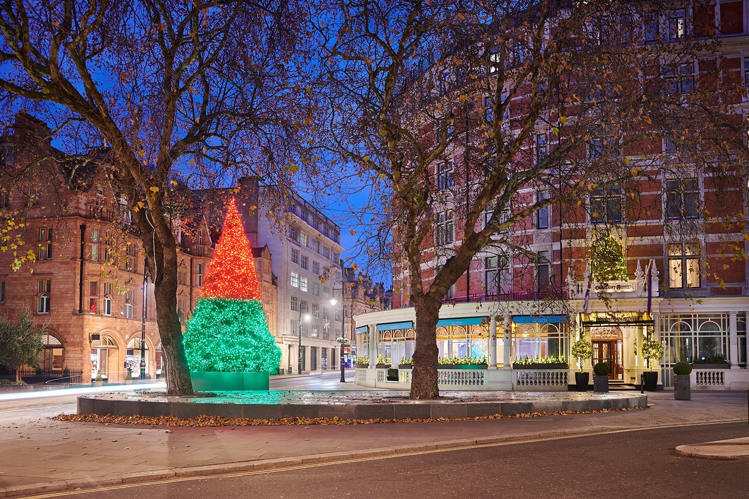 Festive Christmas tree with red and green lights in a city square at dusk, surrounded by buildings and bare trees.