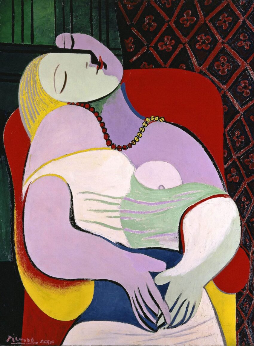 Painting of a woman sleeping in a chair, featuring bold colors and abstract forms in a cubist style.