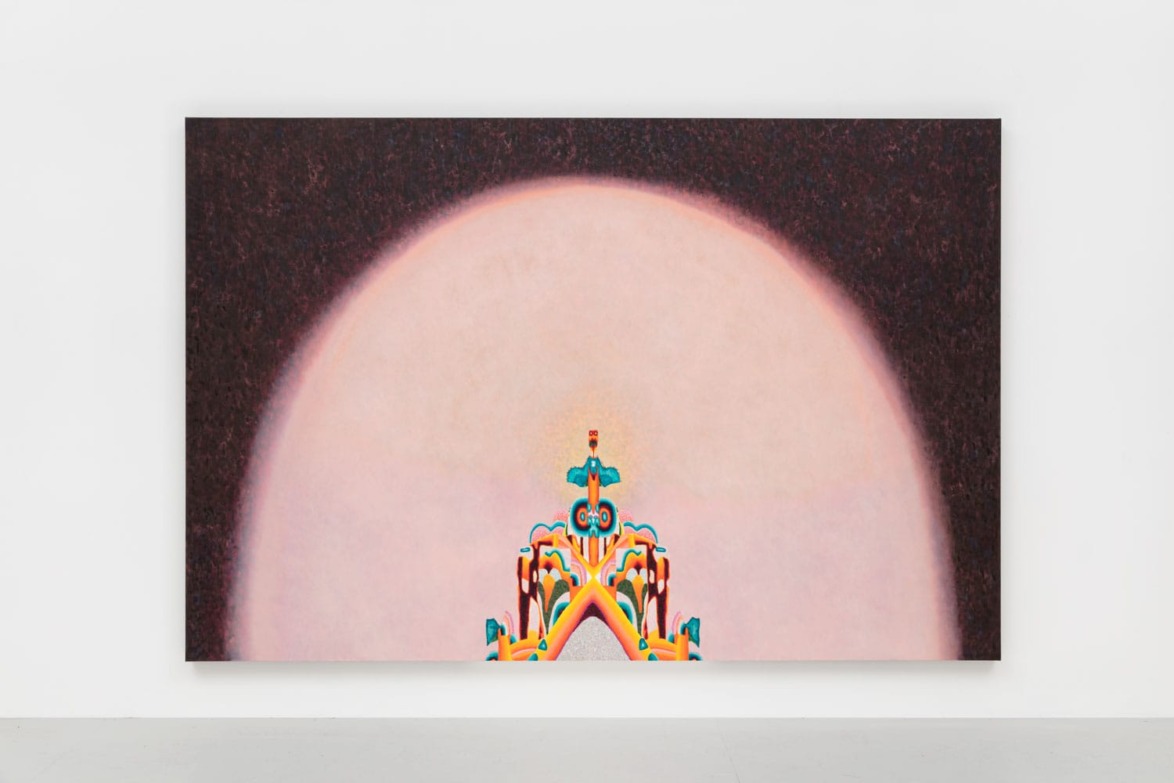 Abstract painting with a large circular shape and vibrant, colorful details at the bottom.