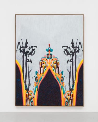 Colorful abstract painting with symmetrical design and dark tree-like shapes in the background displayed in a simple frame.