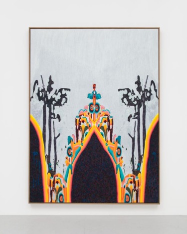 Colorful abstract painting with symmetrical design and dark tree-like shapes in the background displayed in a simple frame.