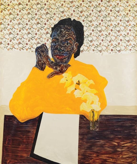 Painting of a person in a bright yellow shirt holding a banana with white flowers on the table in front.