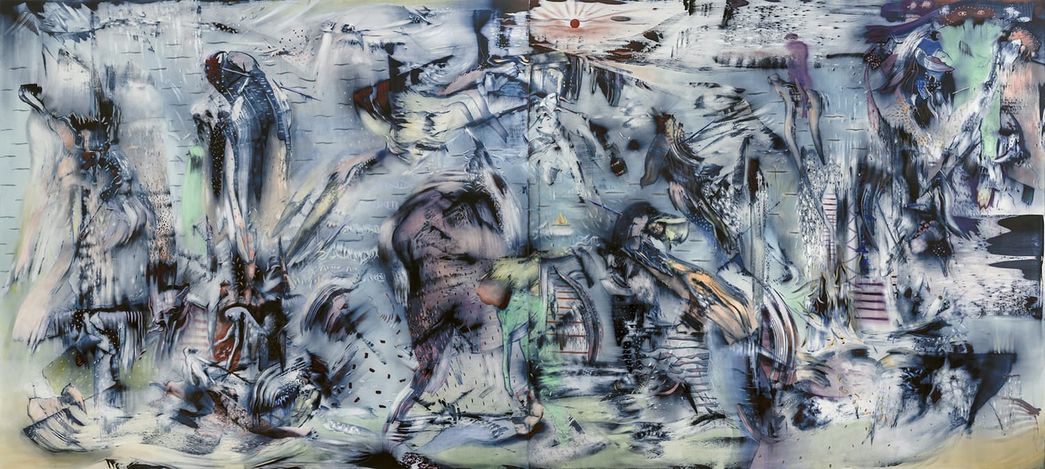 Abstract painting with dynamic figures and swirling patterns in blue and gray tones, conveying a sense of movement and chaos.