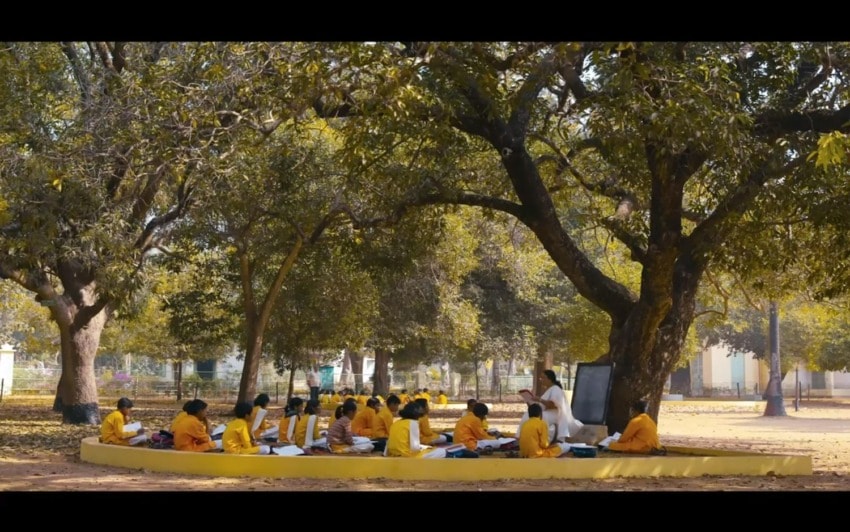 A group of students in yellow uniforms attending an outdoor class under a large tree in a sunny park.