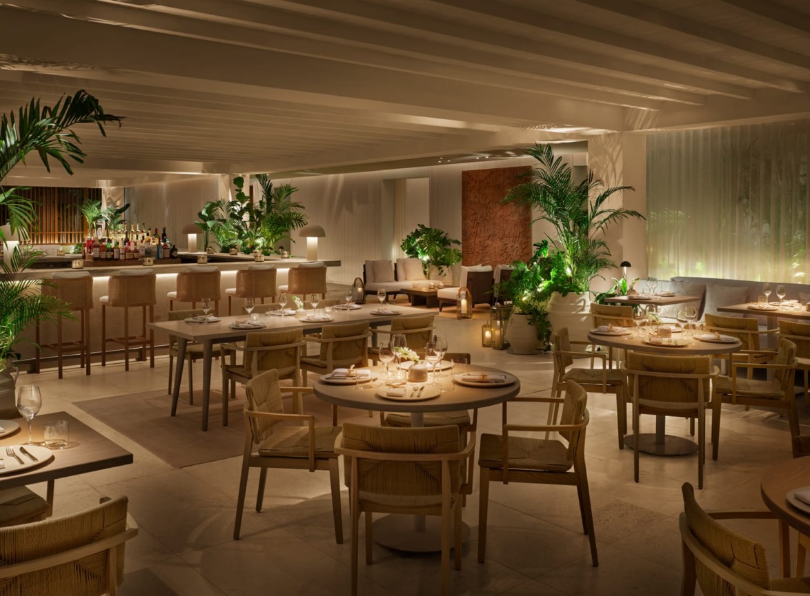 Cozy restaurant interior with modern decor, wooden furniture, warm lighting, and lush green plants.