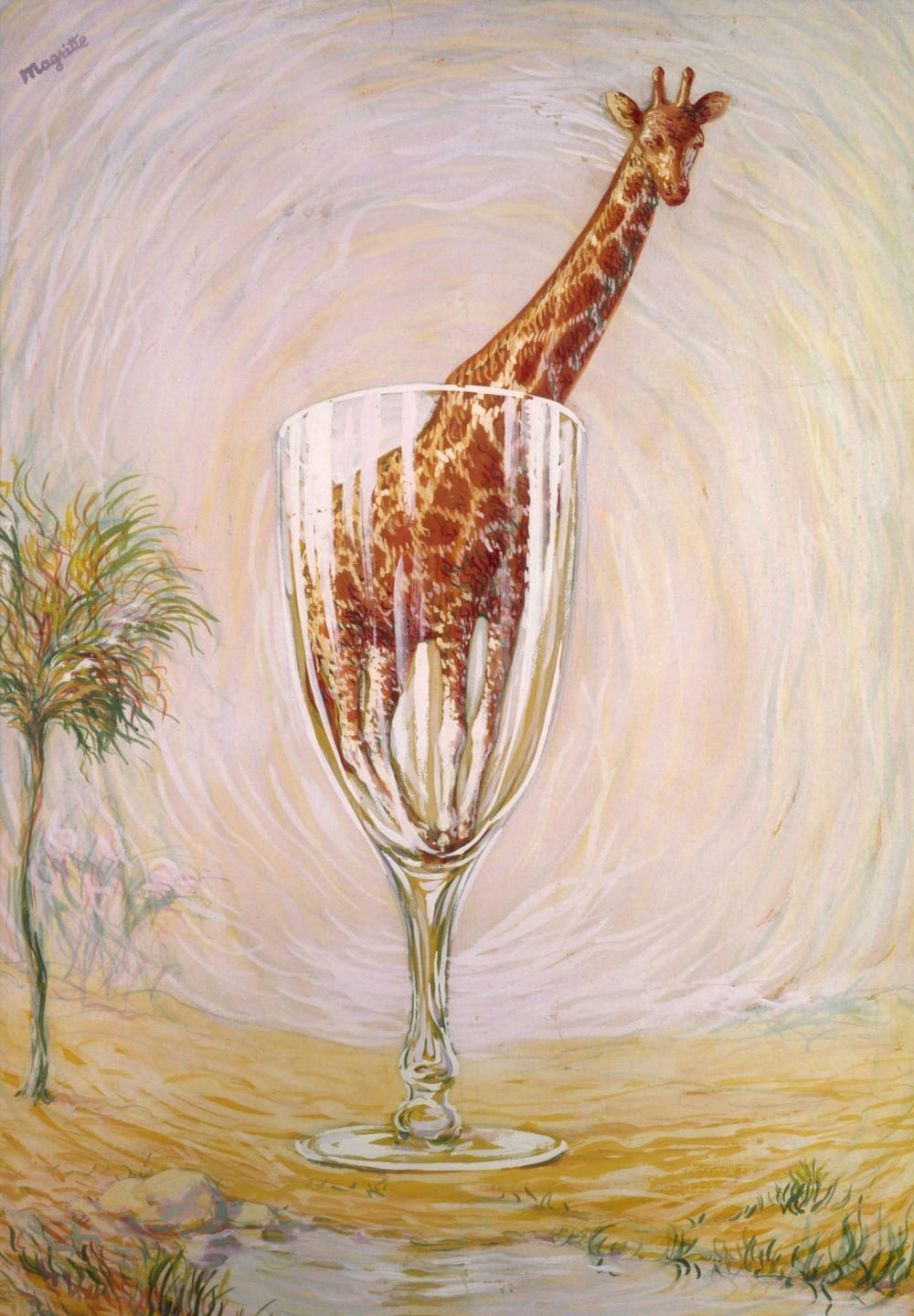 Surreal painting of a giraffe emerging from a glass goblet, surrounded by abstract scenery and a solitary tree.