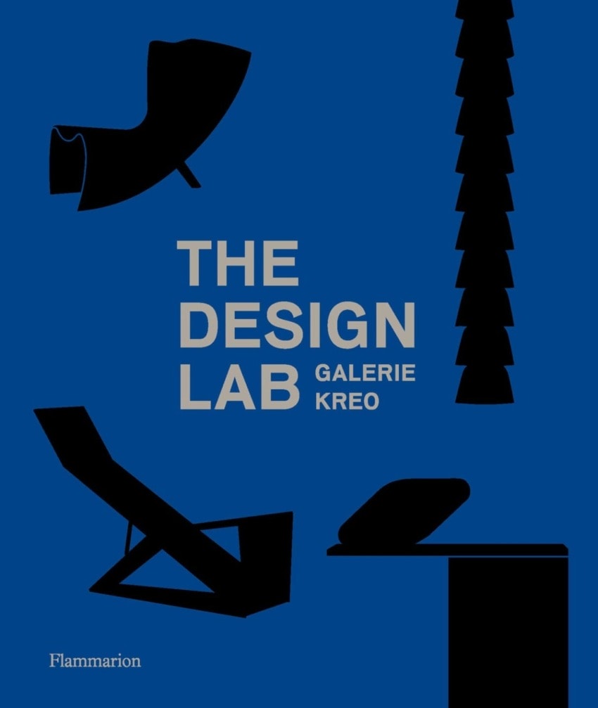 Cover of "The Design Lab" by Galerie Kreo featuring abstract furniture silhouettes on a blue background.