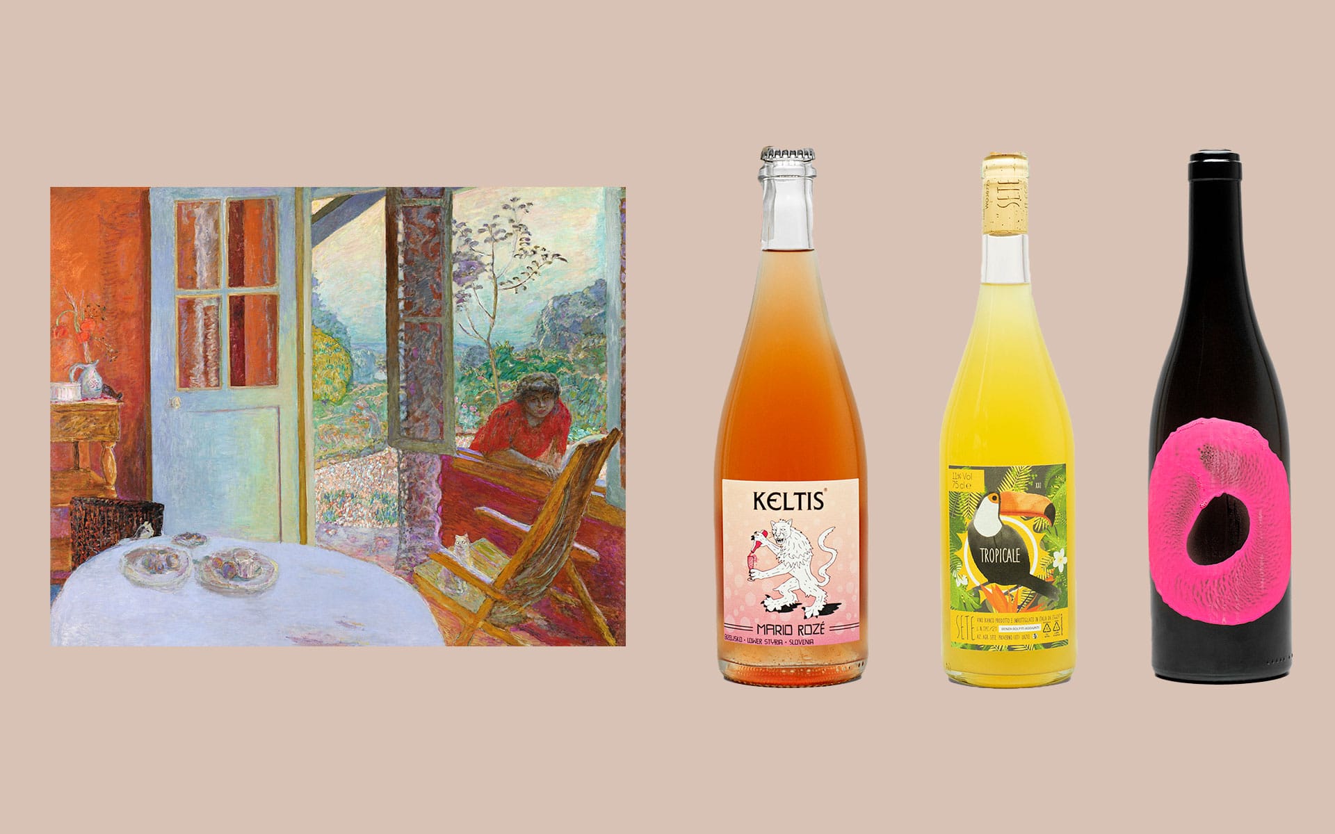 Painting next to three bottles of natural wine with colorful labels on a beige background.