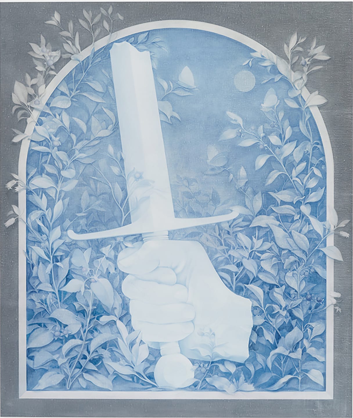 A hand grasping a sword emerges from detailed foliage, surrounded by an arched frame, with a moon visible in the background.