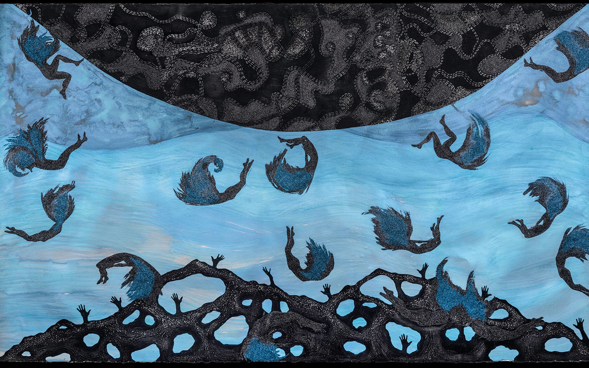 Surreal artwork of figures falling through a blue sky with black abstract shapes, creating a dreamlike and mysterious scene.