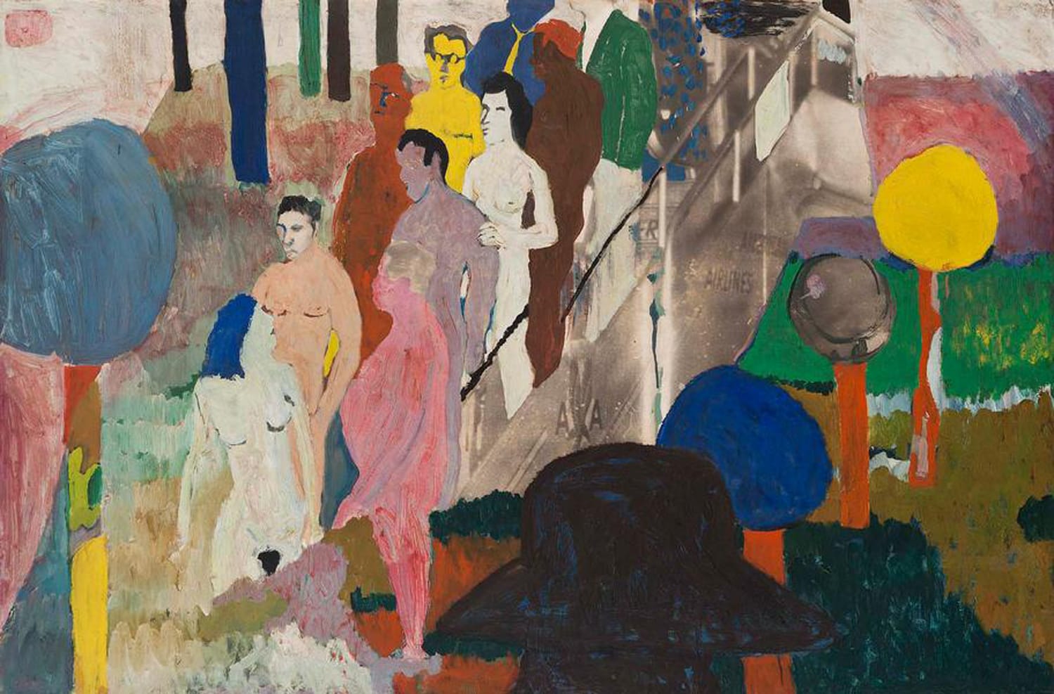 Colorful abstract painting of several people walking near trees and a road with vibrant shapes in the background.