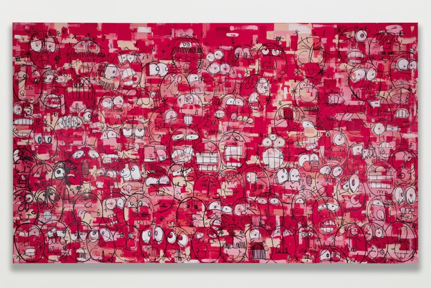 Colorful abstract artwork featuring numerous expressive cartoon faces over a vibrant red and pink background.