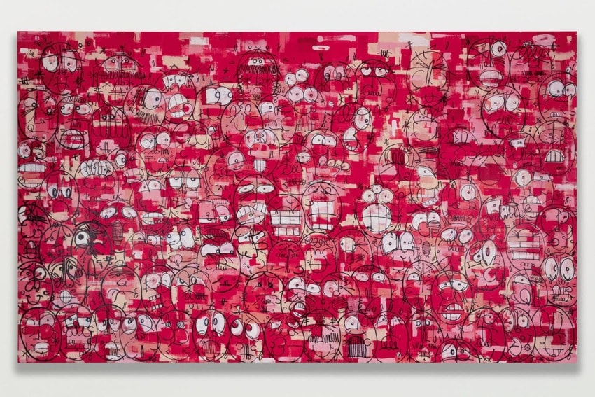 Colorful abstract artwork featuring numerous expressive cartoon faces over a vibrant red and pink background.