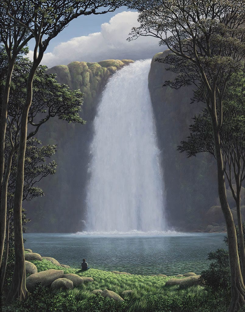 A scenic waterfall cascading into a tranquil pool surrounded by lush greenery and trees, viewed under a clear blue sky.