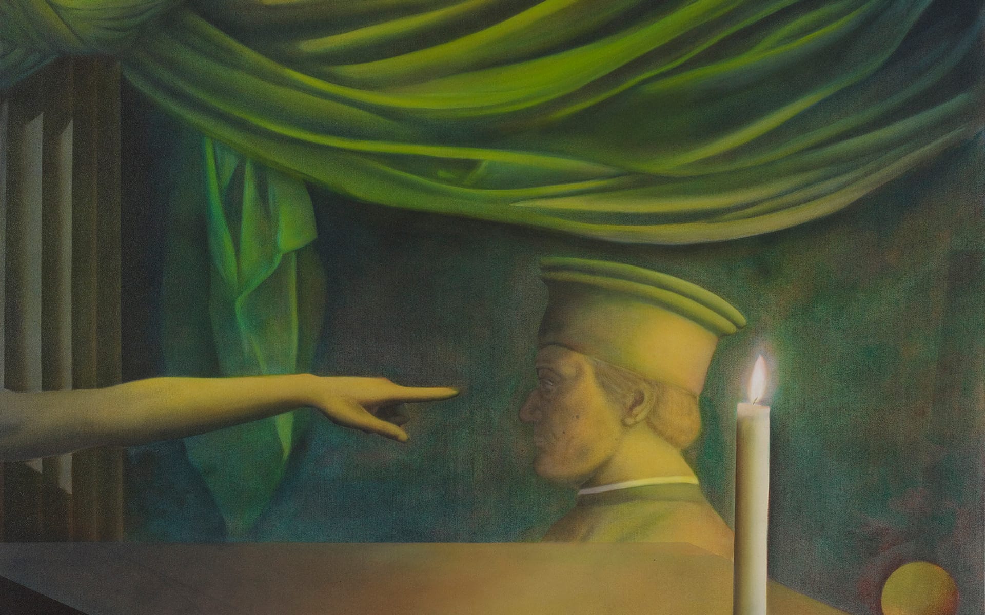 Surreal painting depicting a hand pointing at a person in a hat with green drapery and a lit candle in the foreground.
