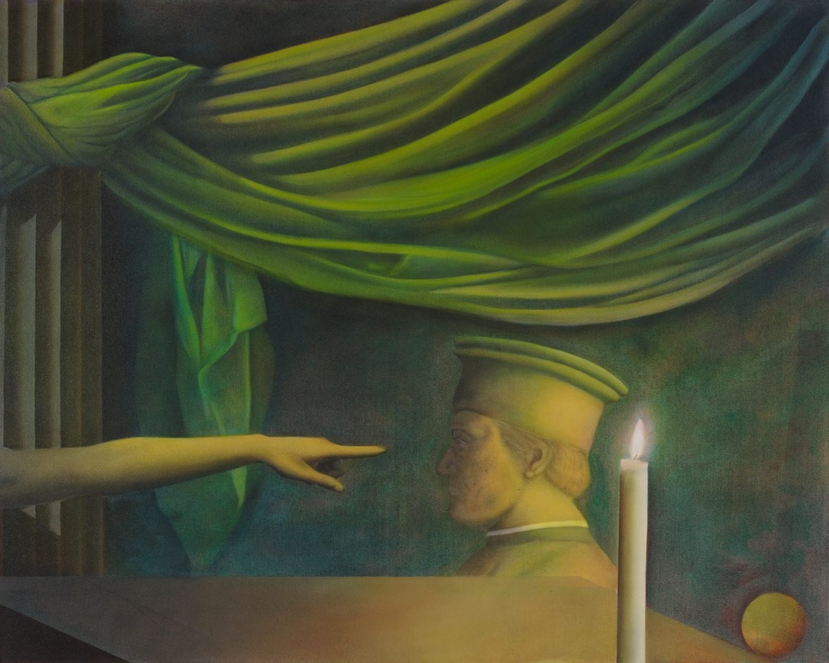 Surreal painting of a robed figure pointing to a bust in candlelight, draped green fabric above, evoking mystery.