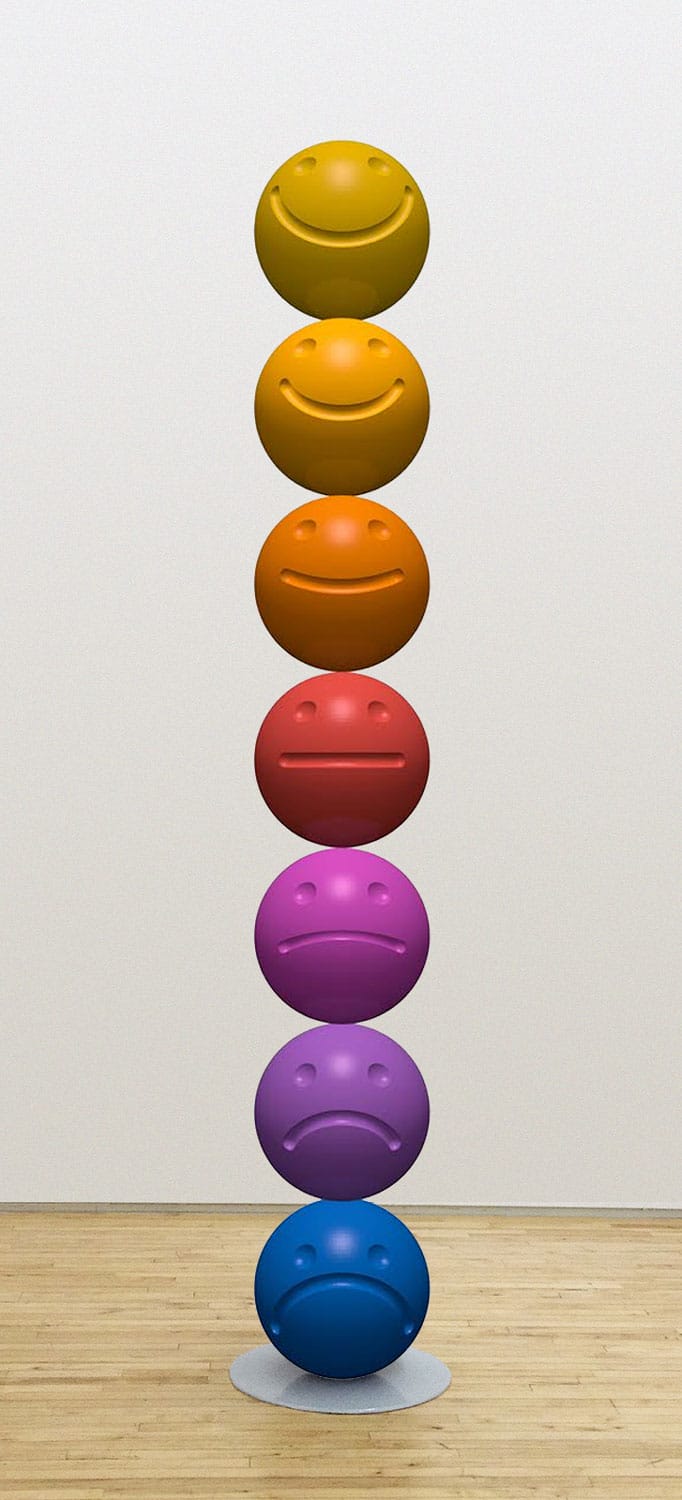 Stacked colorful emoji-like spheres with various expressions from happy to sad, arranged vertically in an art gallery.