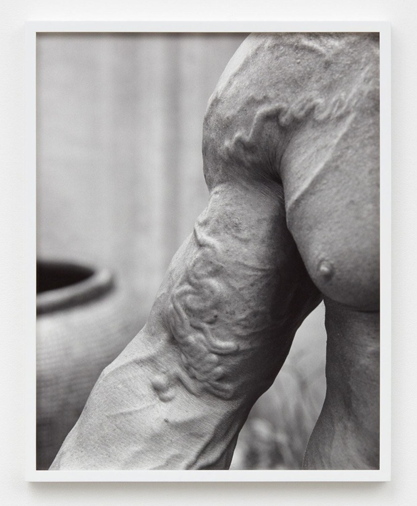 Close-up of a weathered stone statue depicting a torso and arm with visible texture and intricate details.
