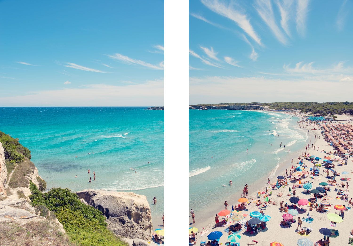 Aerial view of a sunny beach with people swimming and colorful umbrellas along the shoreline.