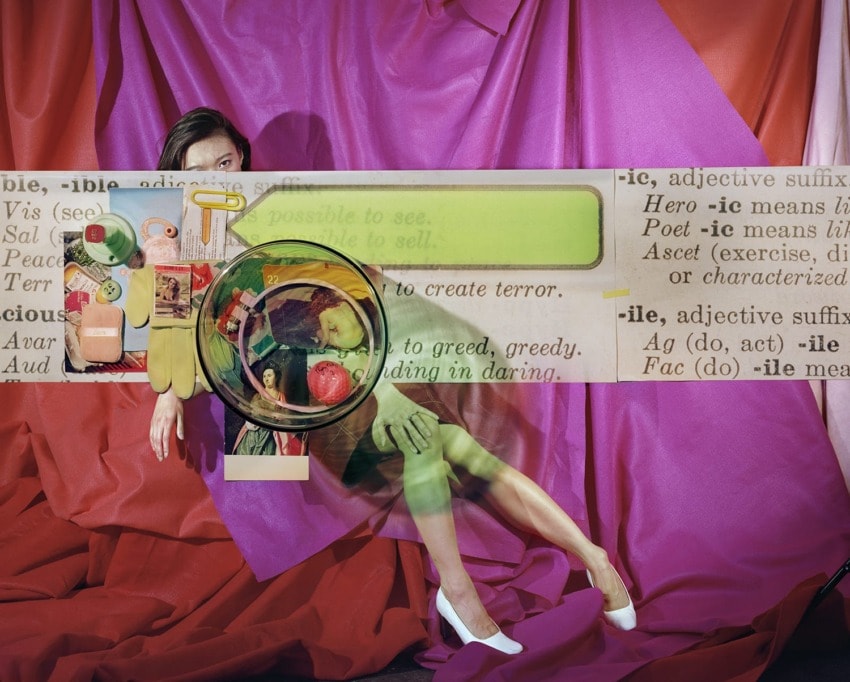A collage featuring a woman behind mixed media art with dictionary text and household items on vibrant fabric background.