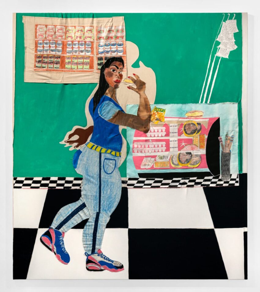 Painting of a person in a patterned outfit standing in a vibrant store with a green wall, black and white floor, and shelves.