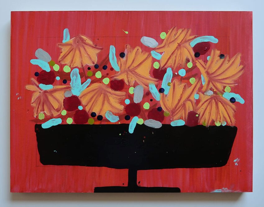 Colorful abstract painting of flowers in a black vase against a red background.