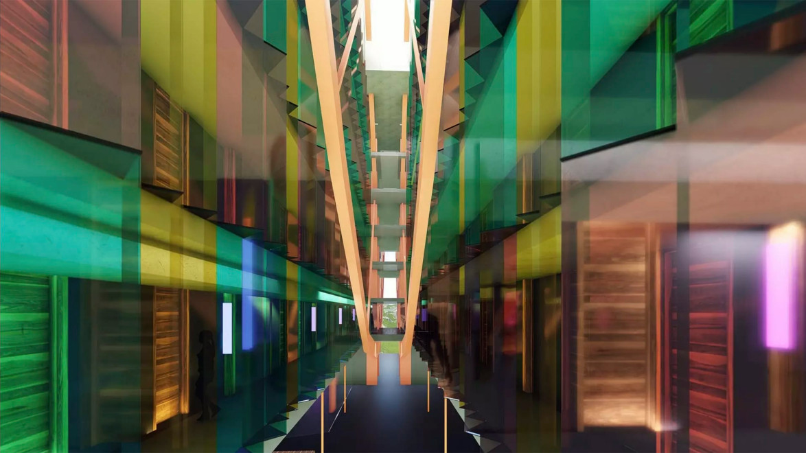 Colorful abstract architectural hallway with vibrant glass panels and symmetrical design elements.