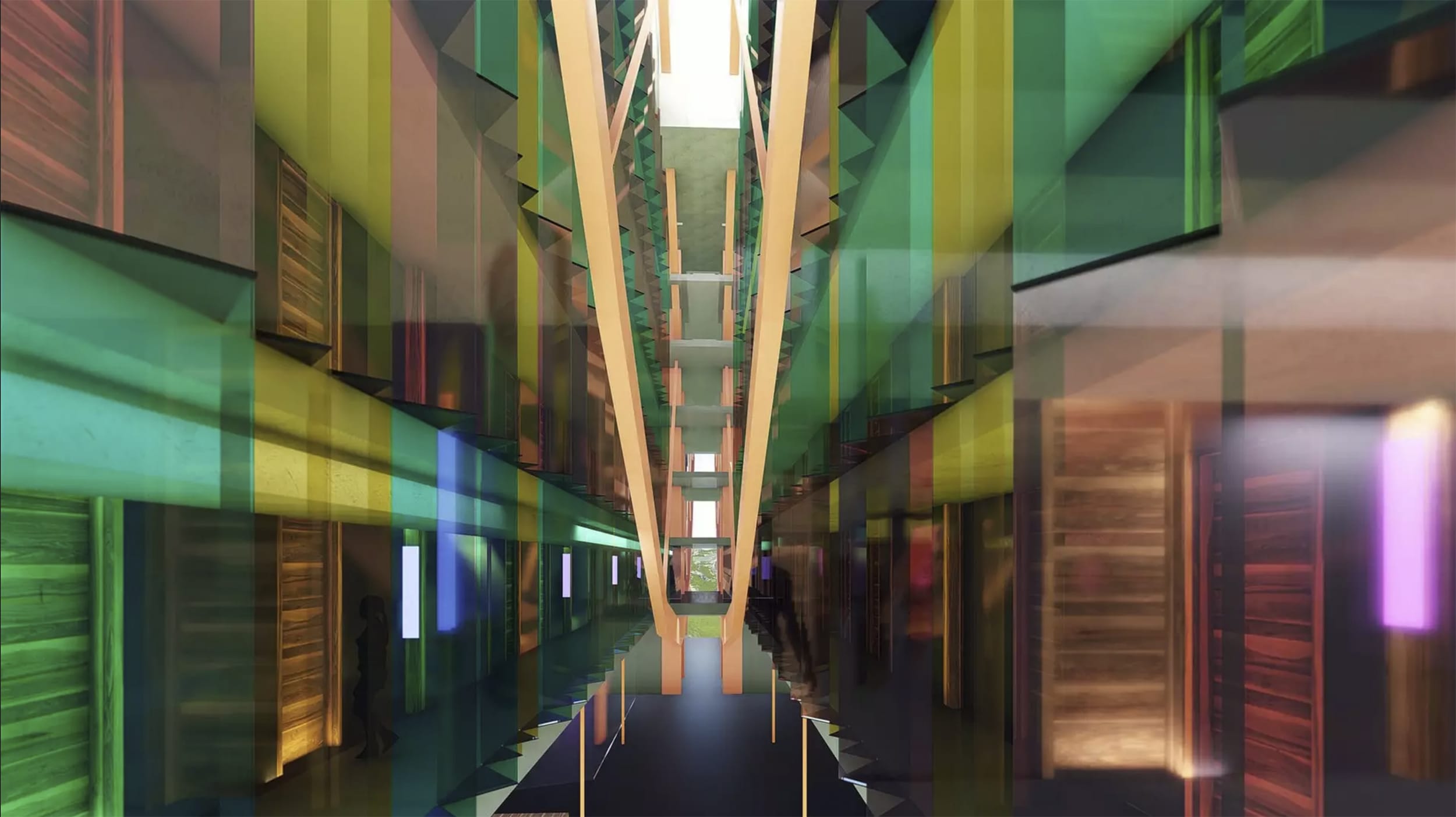 Colorful abstract architectural hallway with vibrant glass panels and symmetrical design elements.