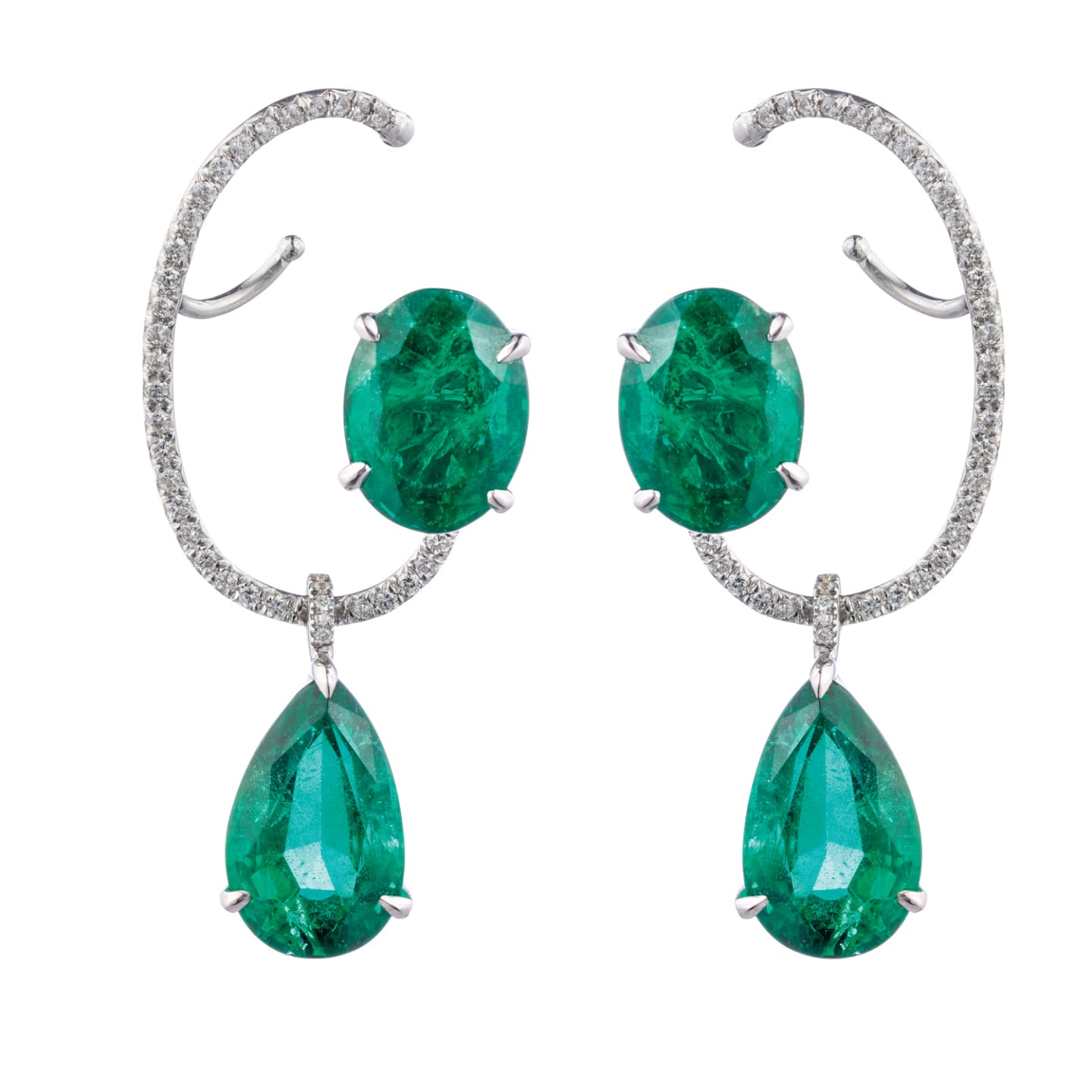 Elegant silver earrings with green emerald stones and sparkling diamond accents, featuring both oval and teardrop shapes.