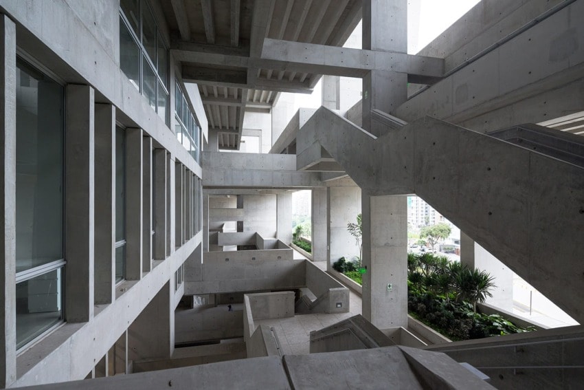 Modern concrete building interior with angular staircases, glass windows, and lush indoor plants.