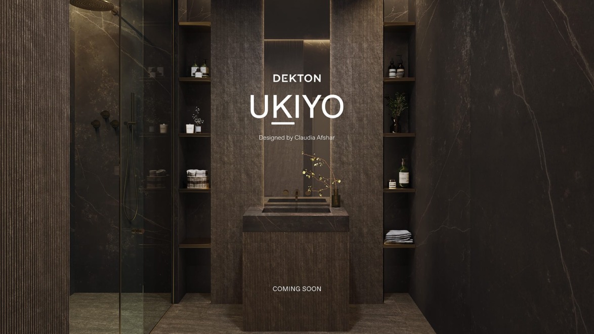 Modern dark-themed bathroom featuring stone sink, glass shower, and vertical shelving with folded towels and small plants.