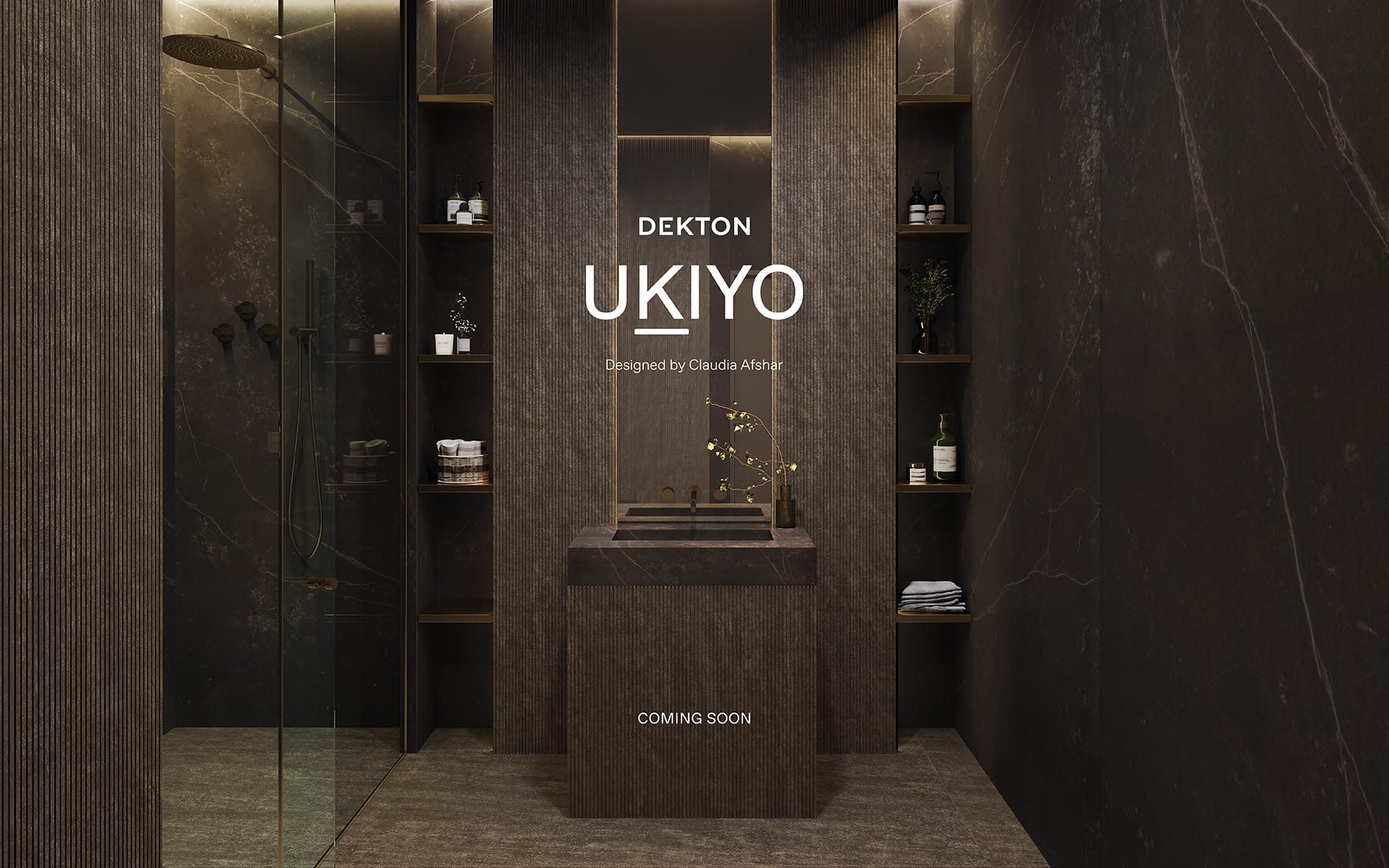 Modern dark-themed bathroom featuring stone sink, glass shower, and vertical shelving with folded towels and small plants.