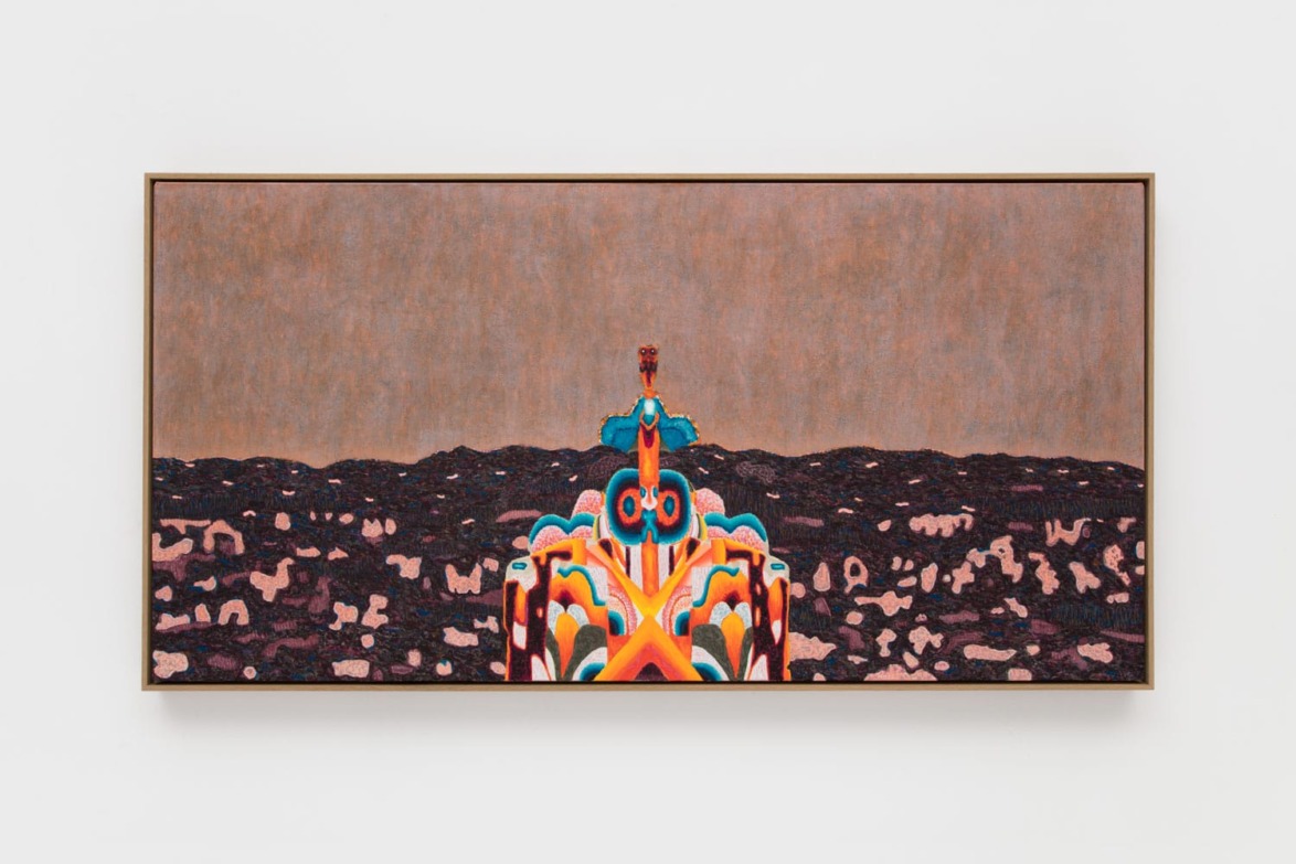 Abstract painting with vibrant colors and intricate patterns against a textured brown background in a rectangular frame.