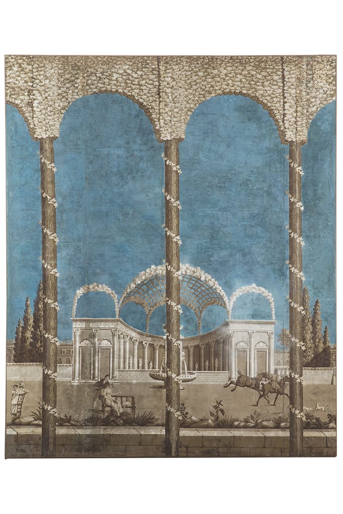 Classical painting of an ornate architecture scene with arches and columns under a clear blue sky, featuring horses and trees.