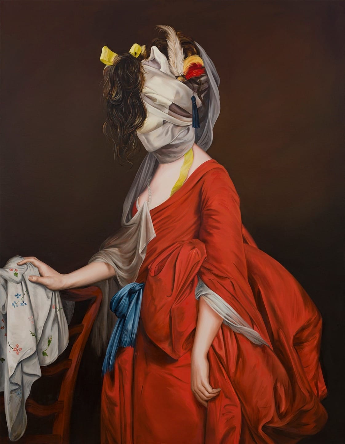 Painting of a woman in a red dress with her face obscured by cloth, holding a chair adorned with embroidered fabric.