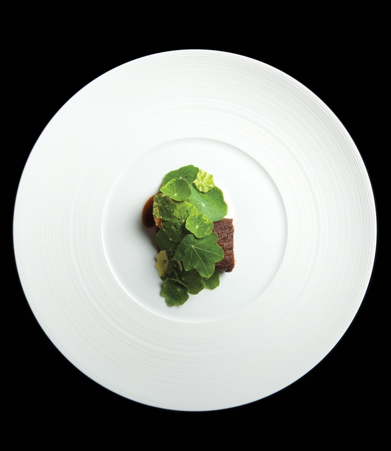 Elegant gourmet dish with garnished beef on a minimalist white plate against a black background.