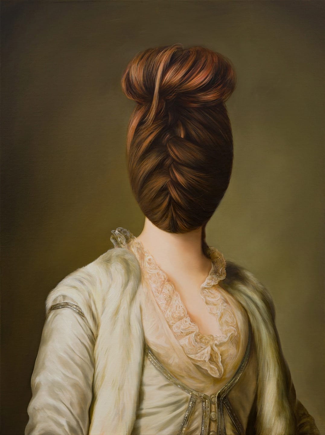 Portrait of a woman in vintage attire with her face obscured by an elaborate, styled bun against a muted background.
