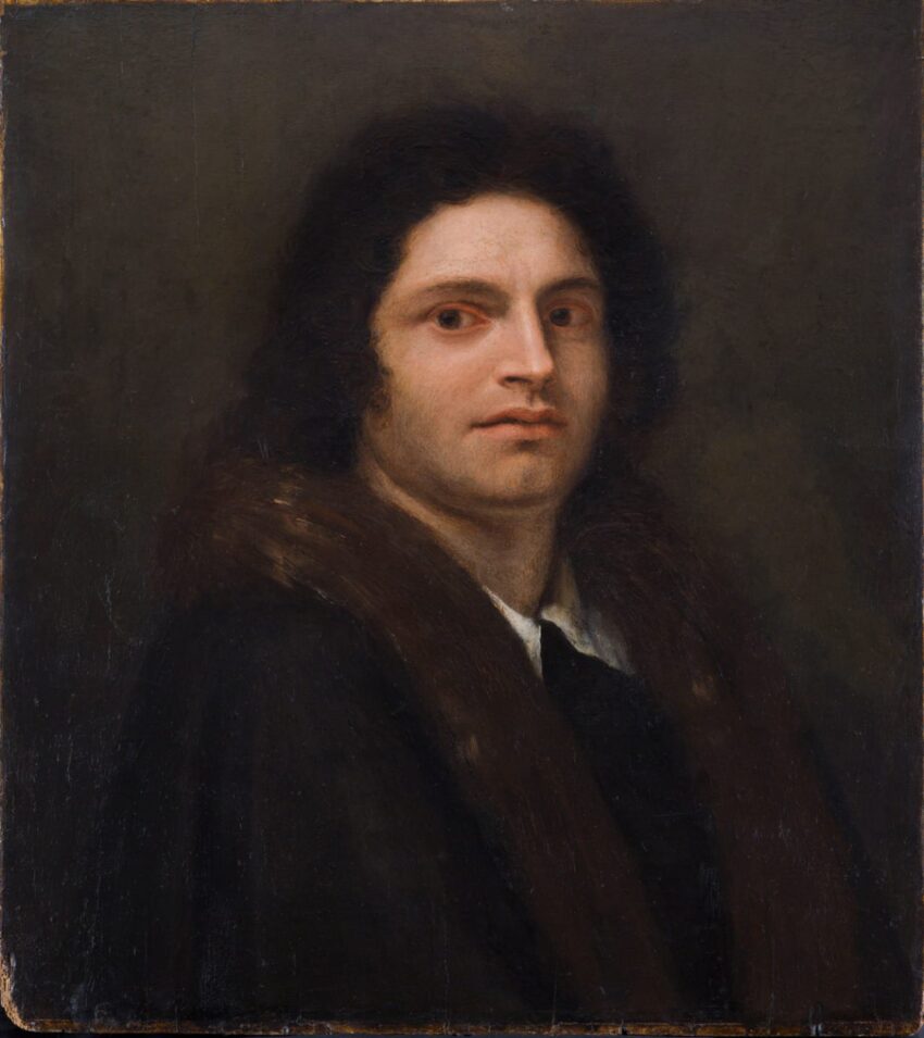 A classic portrait of a person with long hair, wearing a dark outfit and fur stole, against a muted background.