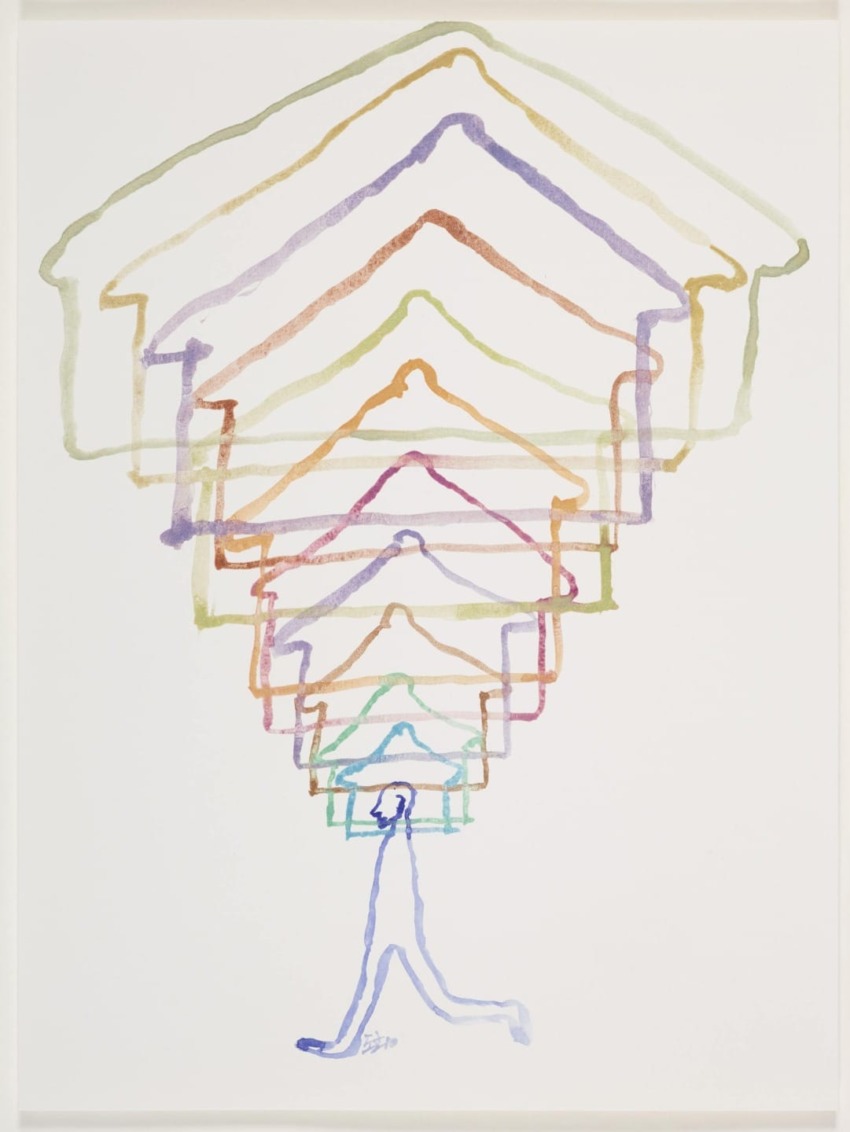 Colorful abstract illustration featuring layered house-like shapes above a walking figure, suggesting perspective and motion.