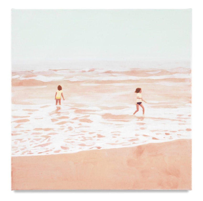 Painting of two children wading through shallow ocean waves on a sandy beach under a pale, cloudy sky.