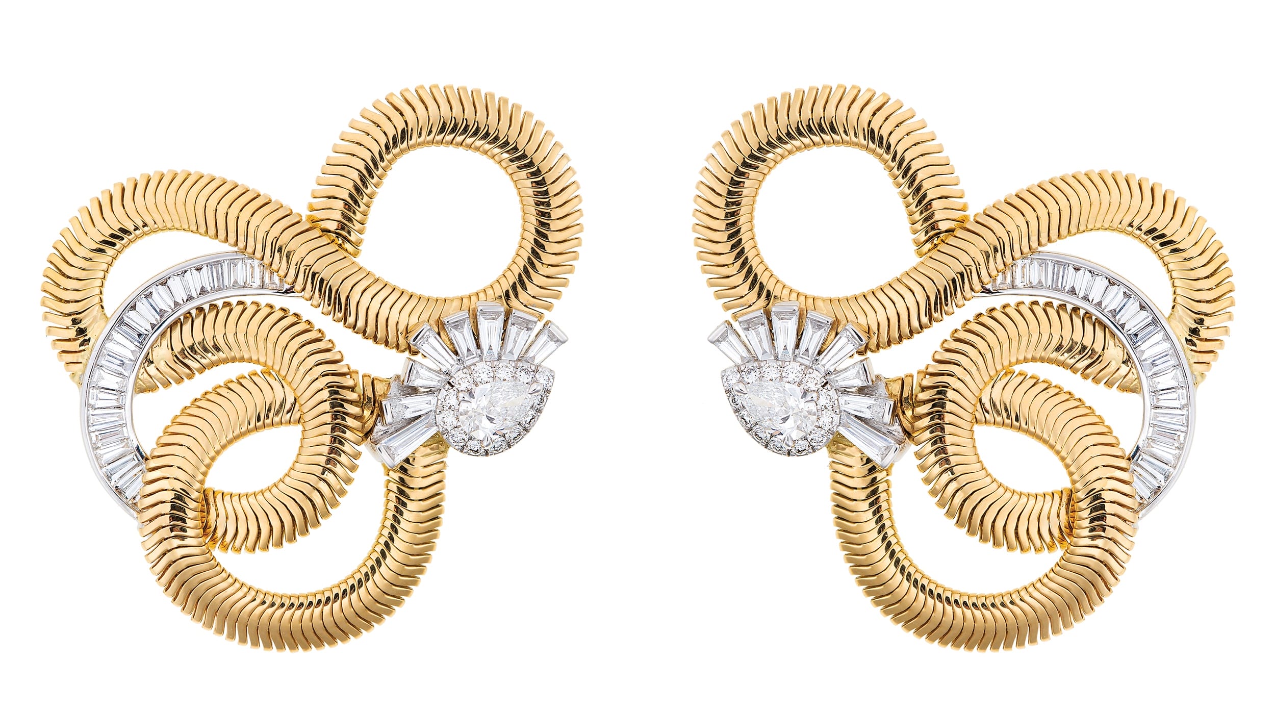 Vintage gold and diamond earrings featuring intricate coiled design with sparkling diamond accents in an elegant setting.