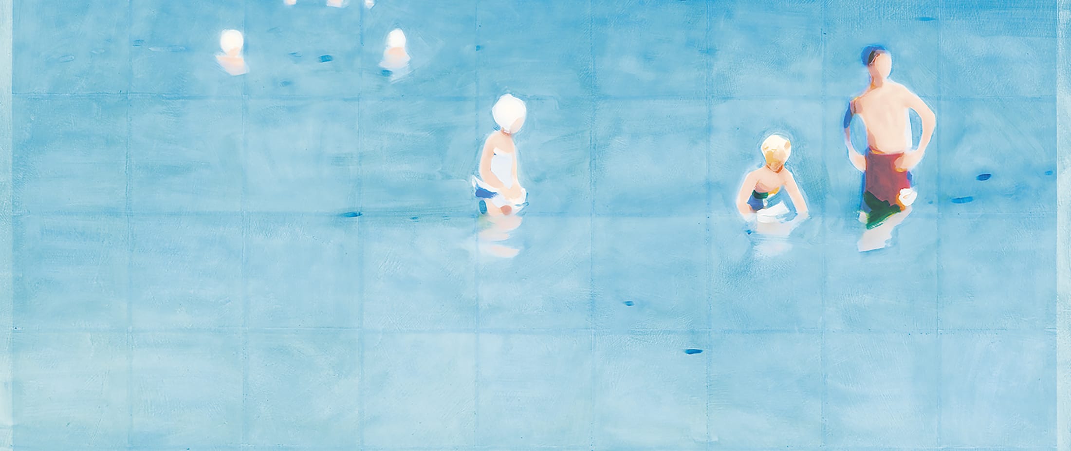 Painting of a group of people standing and swimming in a pool of clear blue water, captured in a soft, abstract style.