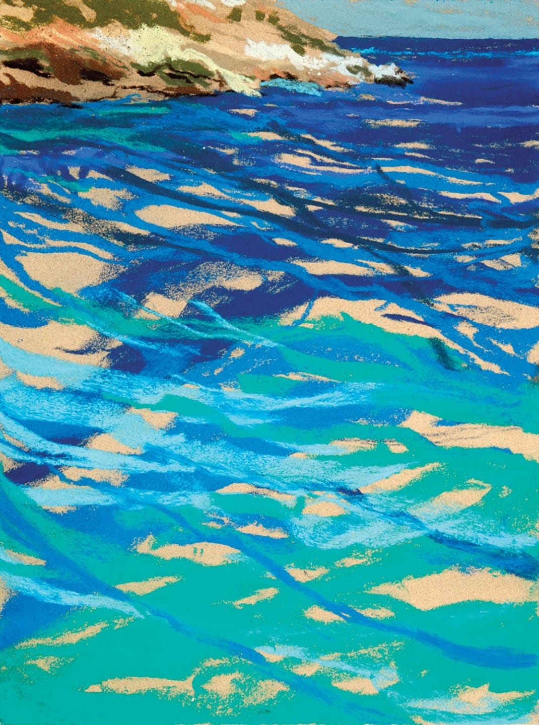 Colorful pastel drawing of ocean waves near a rocky shore, showcasing vibrant blues, greens, and sandy textures.