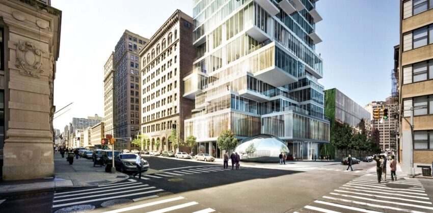 City intersection with modern glass building, historic architecture, zebra crossings, pedestrians, and cars in a sunny urban scene.
